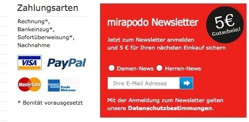 Newsletter Gutschein bei Mirapodo